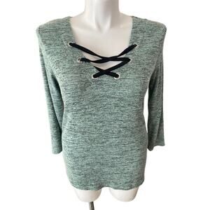 XL Fig & Blu Green Space Dye Lace-Up Neck Shirt Blouse